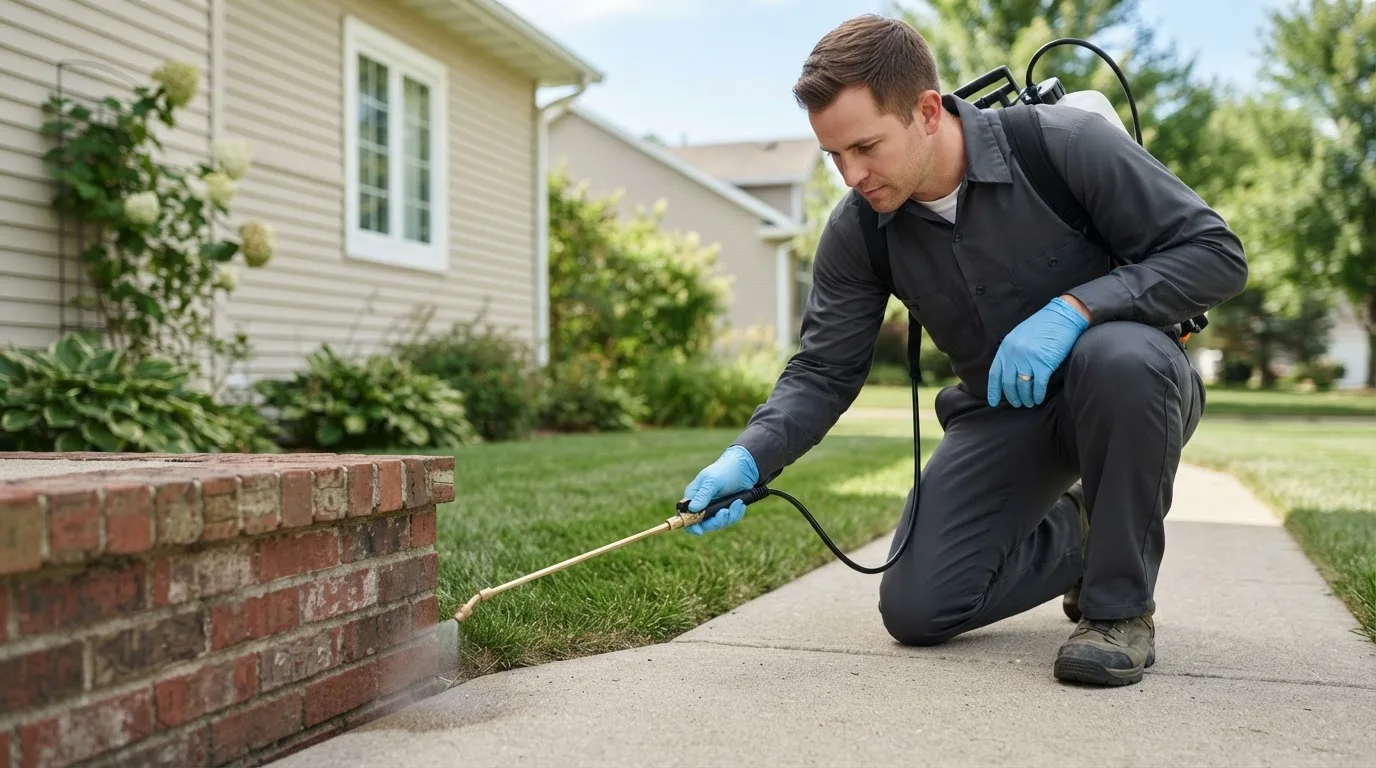 Pest control technician treating a home near Brookpark, OH