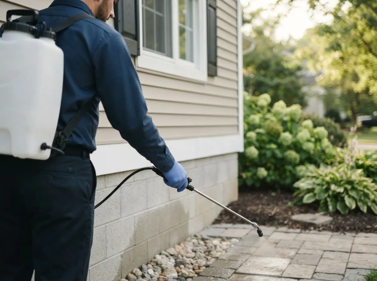 Pest control technician inspecting a home in Brookpark, OH